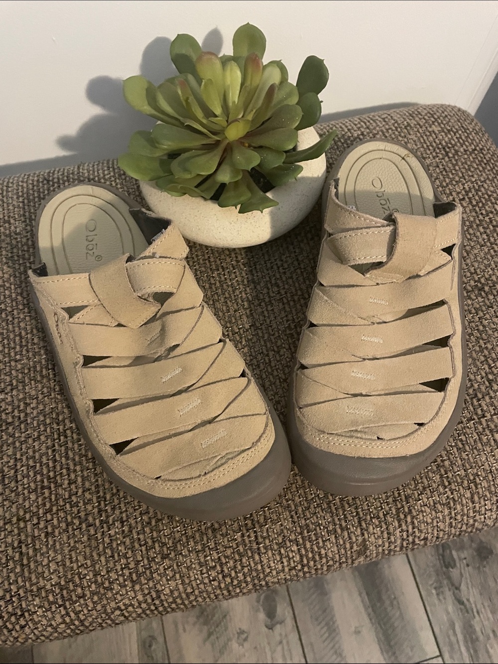 OTBT Beige Suede Slide Mules with Strappy Upper